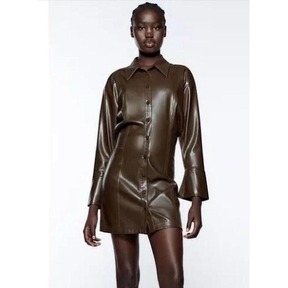 Zara Faux Leather Button Front Shirt Dress Brown XL Women's Long Sleeve Collared